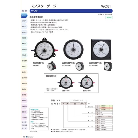 山本电机MANOSTAR微差压计	WO81FN50DH	0～50pa	水平